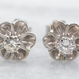 14K White Gold Vintage Buttercup Diamond Solitaire Stud Earrings, White Gold Stud Earrings, Diamond Stud Earrings, Diamond Earrings A42973