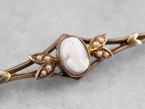 Victorian Cameo Seed Pearl Gold Brooch, Rose Gold… - image 4