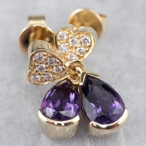 Sweetheart Amethyst Drop Earrings, Teardrop Amethyst Earrings, Amethyst and Diamond Earrings, Yellow Gold Amethyst Earrings A3696