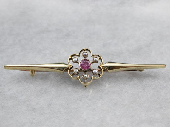 Antique Pink Sapphire Seed Pearl Brooch, Victoria… - image 3