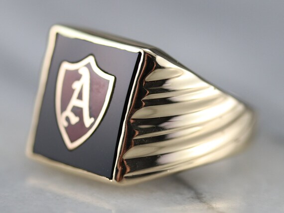 Onyx and Enamel "A" Initial Ring, Yellow Gold Sta… - image 3