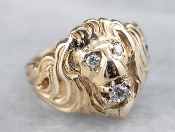 Gold Diamond Lion Head Ring, Yellow Gold Lion Rin… - image 1