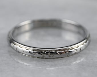 Art Deco Floral 18K White Gold Wedding Band, Stacking Ring