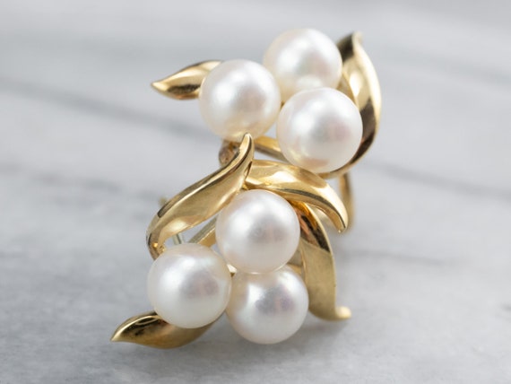 Cultured Pearl Cluster Earrings, Yellow Gold Pear… - image 2