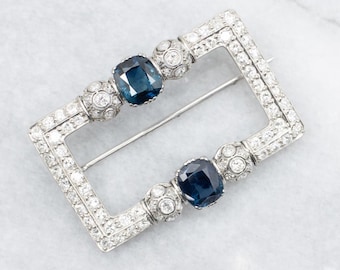 Art Deco Sapphire Diamond Brooch, Platinum Estate Jewelry