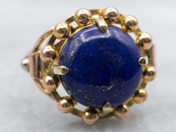 Yellow Gold Round Cut Lapis Solitaire Ring with B… - image 2