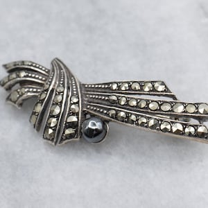 Art Deco Era Sterling Silver Hematite and Marcasite Brooch