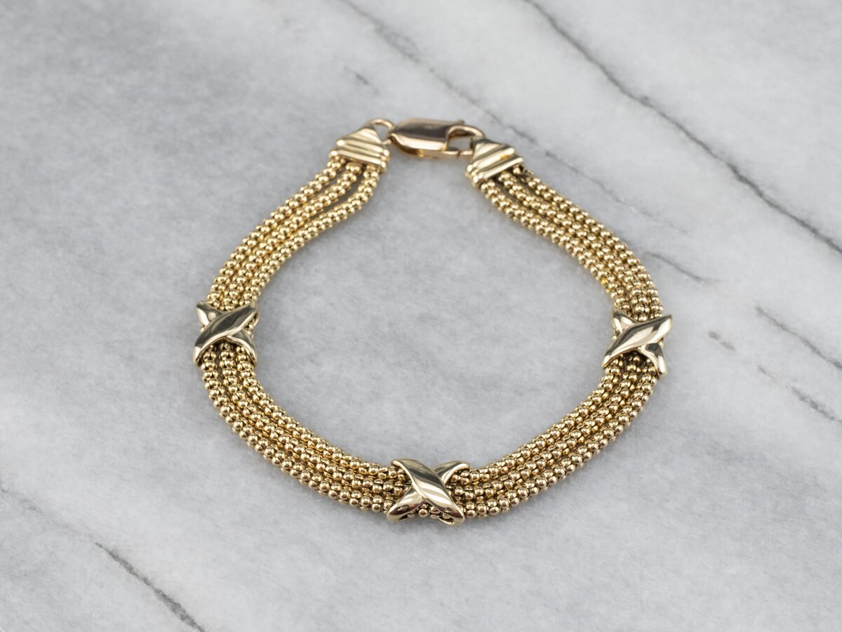 Vintage Three Chunky Silver Box Chain Triple Strand Bracelet
