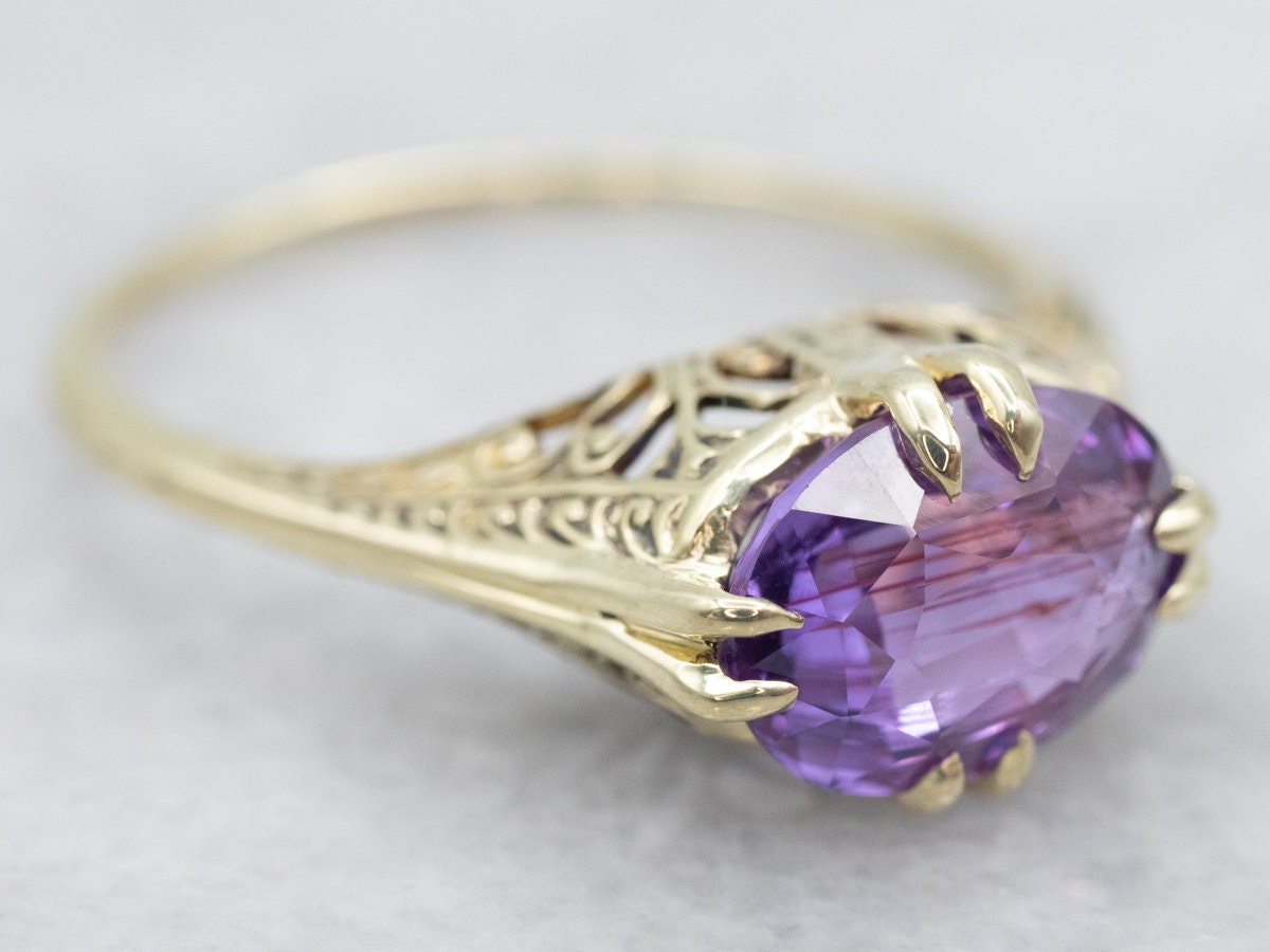 Antique Purple Sapphire Solitaire Ring, Green Gold Sapphire Ring, Sapphire Solitaire Ring, Purple Sapphire Ring, Sapphire Engagement A27144