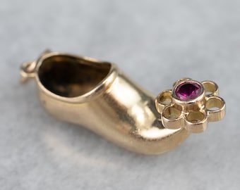 14K Gold Arabian Slipper Charm, Ruby Flower, Aladdin Shoe Pendant