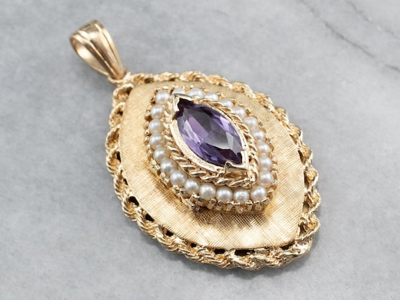 Marquise Amethyst Gold Locket, Large Amethyst Loc… - image 1