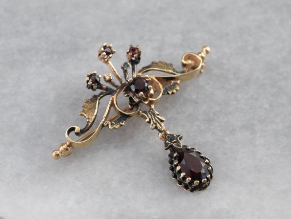 Victorian Revival Garnet Gold Brooch, Ornate Broo… - image 1