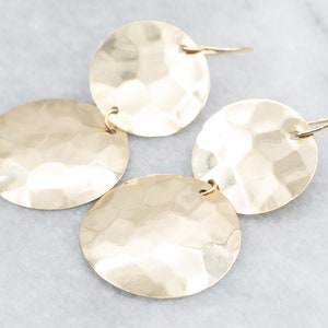 Hammered Gold Earrings, Double Disc Gold Drop Earrings, Flat Gold Drop Earrings, Yellow Gold Earrings, 14K Gold Hoop Earrings A40529