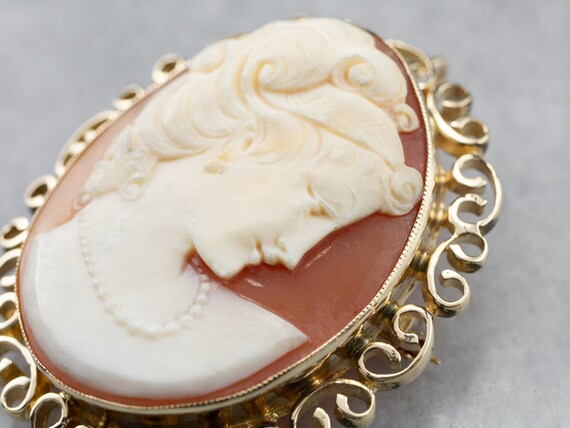 Mid Century Cameo Pin or Pedant, Yellow Gold Came… - image 6