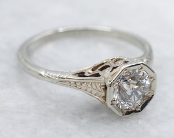 Art Deco 18K White Gold Diamond Ring, Antique Solitaire