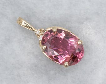 Strawberry Pink Tourmaline and Diamond Yellow Gold Pendant