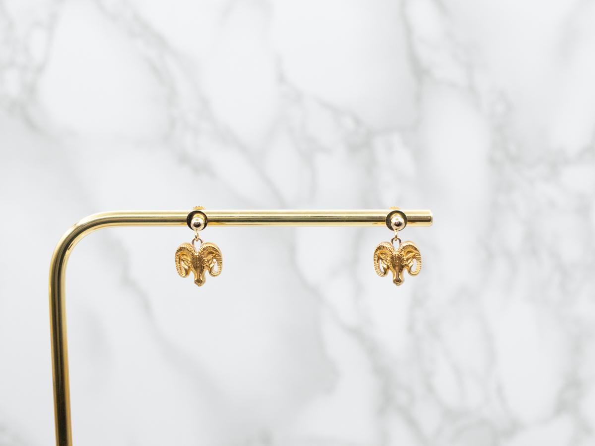 Aries the Ram Drop Earrings, Yellow Gold Stud Earrings
