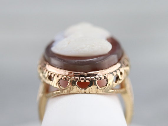 Mid Century Spartan Cameo Ring, Vintage Gold Came… - image 8