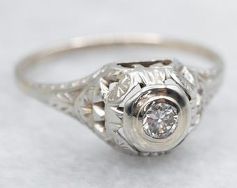 Art Deco Diamant Verlobungsring, 18K Weißgold Solitär