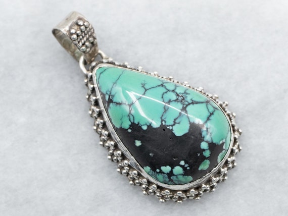 Sterling Silver Pear Cut Turquoise Pendant with B… - image 1