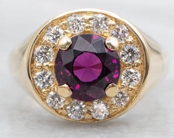 14K Yellow Gold Rhodolite Garnet Diamond Halo Ring