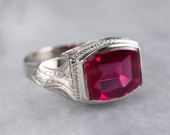 Art Deco Synthetic Ruby Ring, White Gold Ring, Men's Ring, East to West Ring, Statement Ring, Vintage Ring, ATFY5VUF