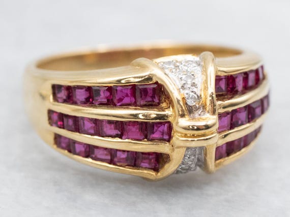 18K Gold Triple Ruby Row Ring, Diamond Accents, S… - image 2