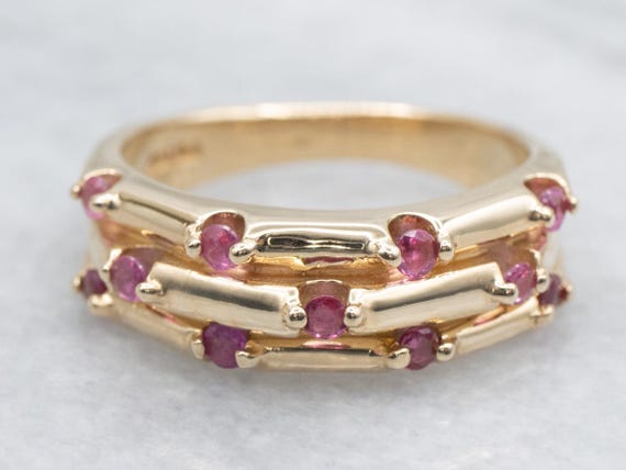 14K Yellow Gold Ruby Statement Ring, Triple Row B… - image 1