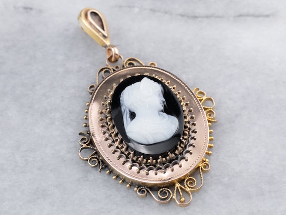 Onyx Cameo Gold Pendant, Antique Conversion Penda… - image 1