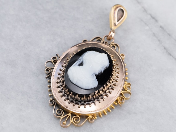 Onyx Cameo Gold Pendant, Antique Conversion Penda… - image 3