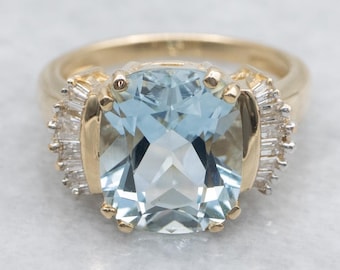 Cushion Cut Aquamarine Diamond Ring, 14K Yellow Gold Statement Ring