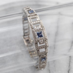 Art Deco Diamond Link Bracelet, Synthetic Sapphire and Diamond, Antique Diamond Bracelet, Antique Bracelet, Bridal Jewelry N6U7DLH1