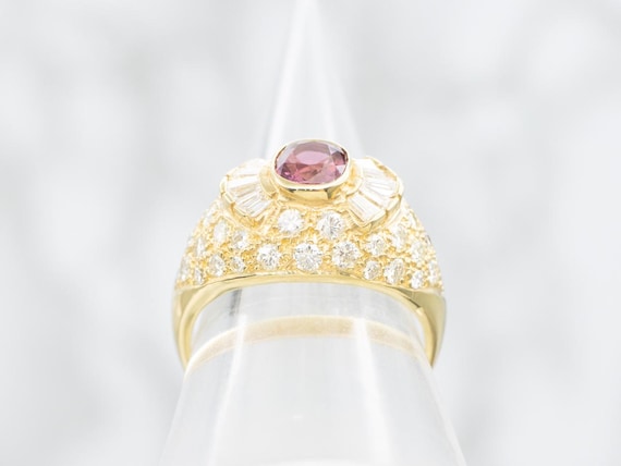 18K Gold Ruby Diamond Halo Ring, Baguette Accents - image 3