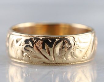 Vintage Etched Yellow Gold Band, Botanical Pattern Band, Unisex Pattern Band, Stacking Band, Floral Band LQRNDWU4