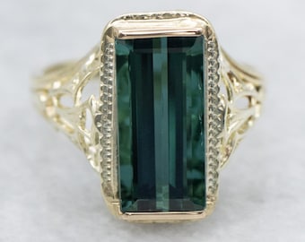 Antique Teal Tourmaline Ring, 14K Green Gold Filigree, Art Deco Estate Jewelry