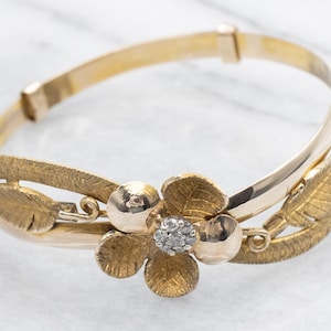 Textured Floral Gold Bangle Bracelet with Diamond Cluster C0YP9V