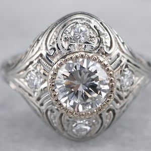 Art Deco Diamond Dinner Ring, 18K White Gold Filigree