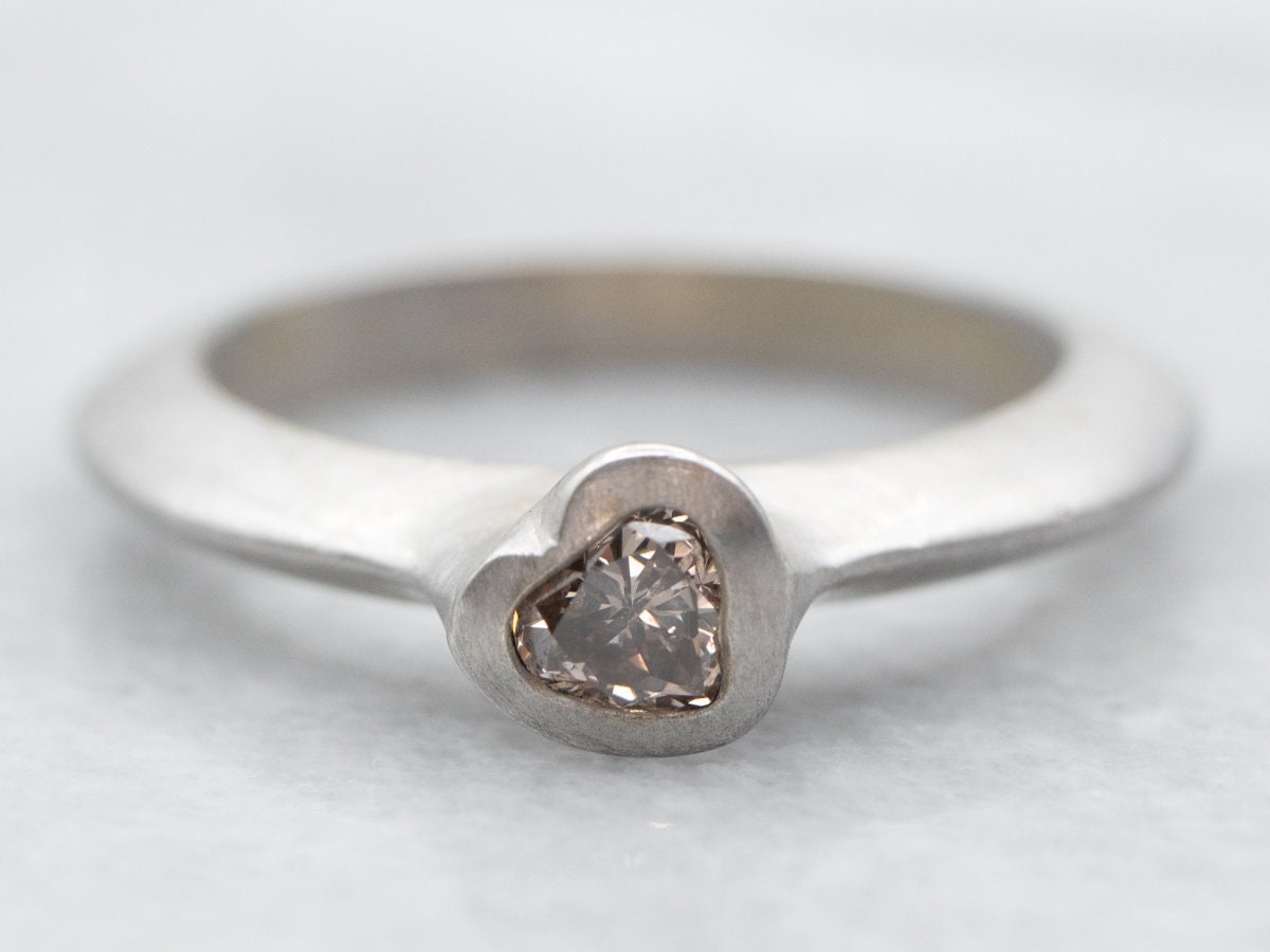 Matte White Gold Bezel Set Heart Shaped Champagne Diamond Solitaire Ring, Matte White Gold Ring, Champagne Diamond Ring, Diamond Ring A33660