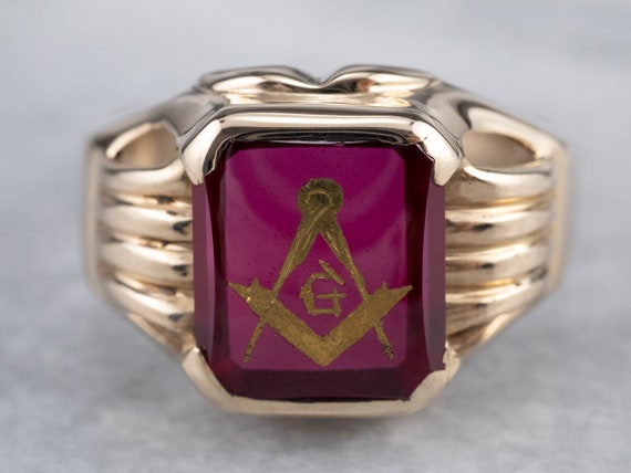 Vintage Masonic Statement Ring, Ruby Glass Ring, … - image 2