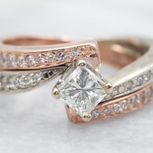 Two Tone Gold Diamond Bypass Engagement Ring, Diamond Ring, Diamond Engagement, Gold Diamond Ring, Princess Cut Engagement A58900