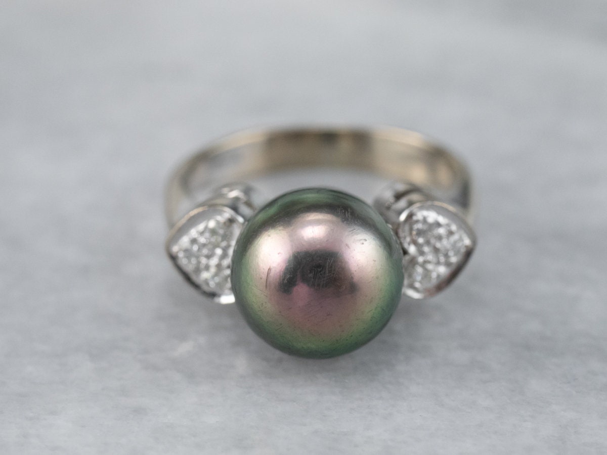 Dark Gray Pearl Diamond Ring, Pearl Statement Ring, Black