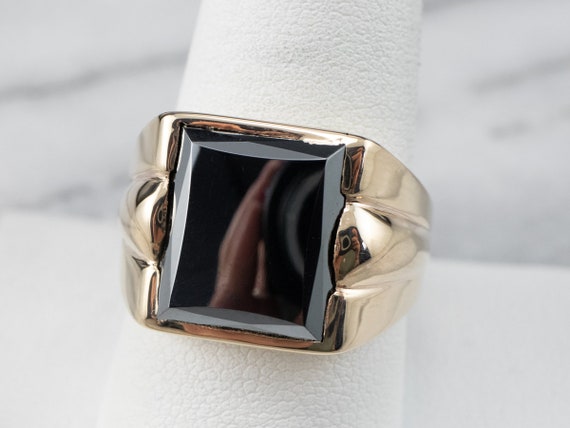 10K Yellow Gold Hematite Ring, Unisex Grey Stone … - image 7