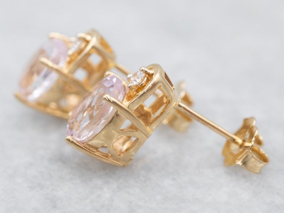 Yellow Gold Kunzite Stud Earrings with Diamond Ac… - image 3