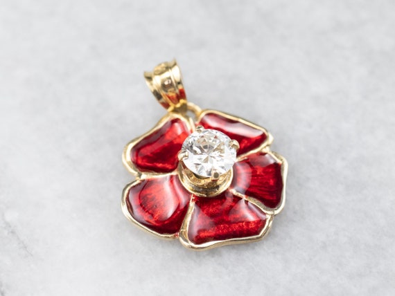 Diamond Poppy Flower Pendant, Gold and Enamel Pen… - image 1