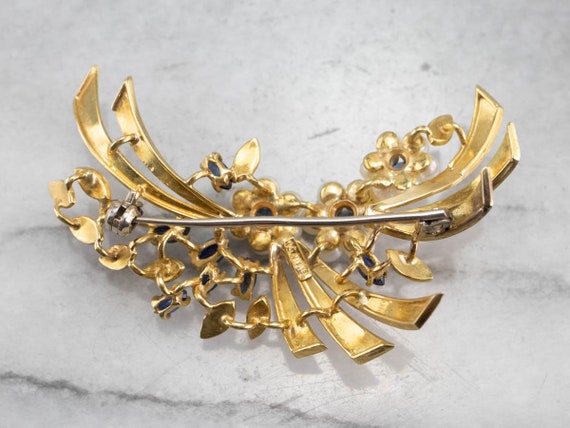 Vintage Gold Marquise Sapphire and Pearl Brooch, … - image 5