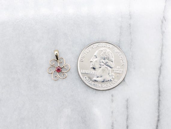 10K Yellow Gold Ruby Glass Scrolling Pendant - image 4