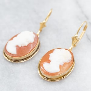 Mid Century Cameo Earrings, Birthday Gift, Oval Cameo Earrings, Yellow Gold Cameo Drop Earrings, Estate Jewelry, Cameo Jewelry A19186