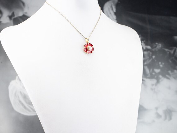 Diamond Poppy Flower Pendant, Gold and Enamel Pen… - image 10