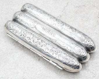 Antique Sterling Silver Cigar Case, Botanical Pattern, Monogrammed