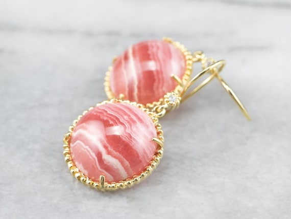 Rhodochrosite and Diamond Drop Earrings Yellow Gold Rhodochrosite Earrings Rhodochrosite Jewelry Cabochon Earrings E3315FDC Etsy UK
